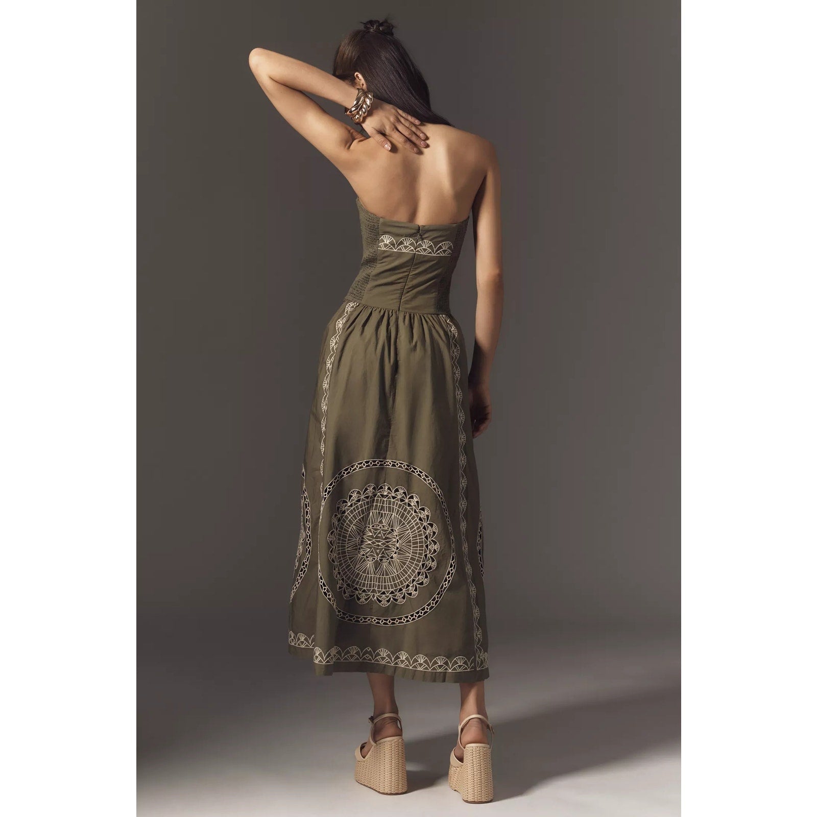 Anthropologie Strapless Drop-Waist Embroidered Midi Dress Large Olive Anthropologie