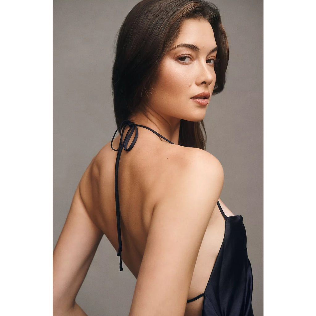 Anthropologie BHLDN Saylor Cowl-Neck Satin Halter Maxi Dress XS Navy Anthropologie