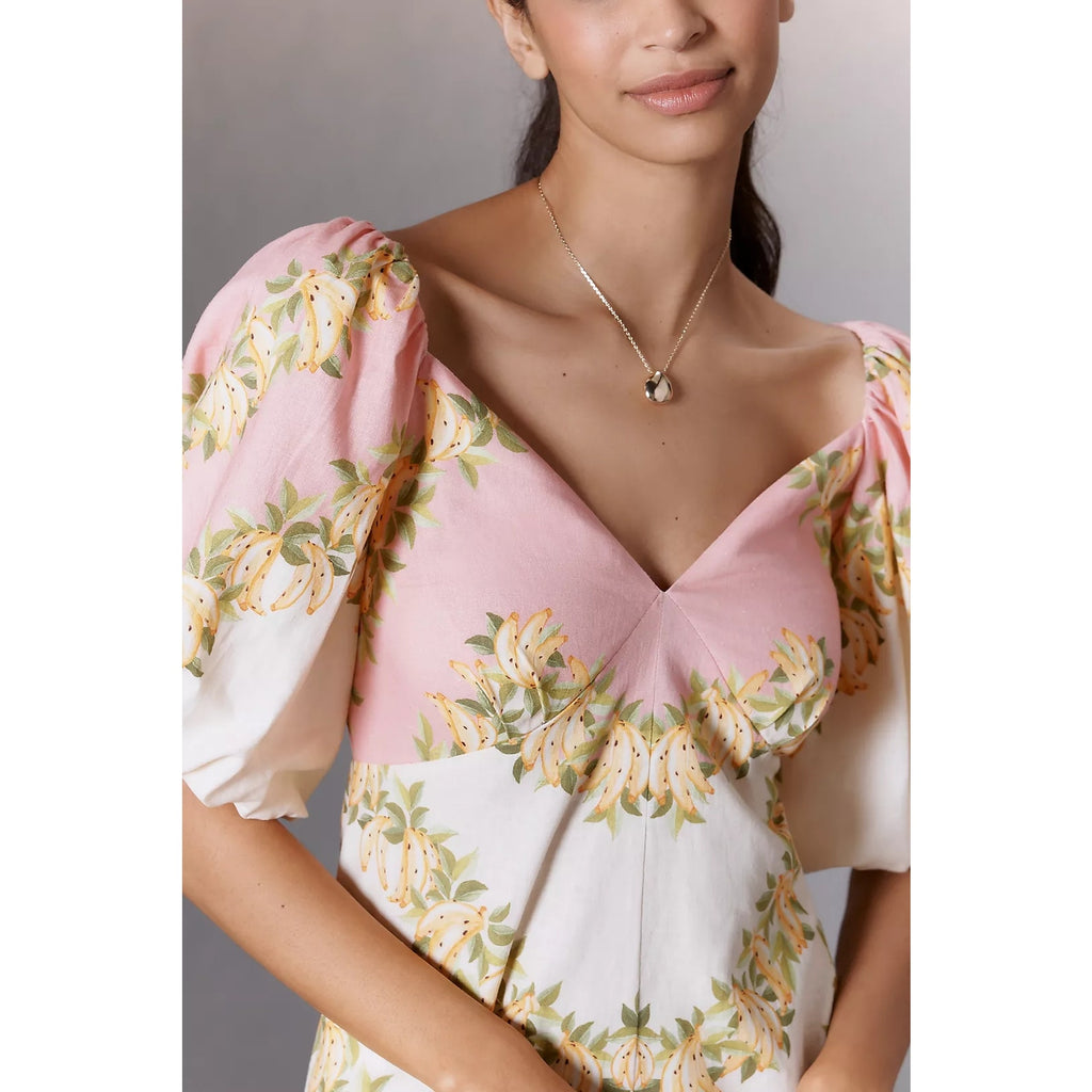 Farm Rio x Anthropologie V-Neck Puff-Sleeve Linen Blend Romper MEDIUM FARM Rio for Anthropologie