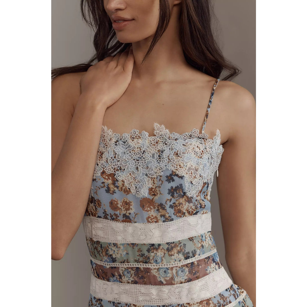New Anthropologie Maeve Square-Neck Mixed Lace Midi Dress Size 14 $268 Floral