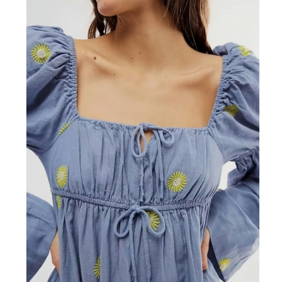 Free People Emory Embroidered Midi Dress X-SMALL Blue Long-Sleeve Free People