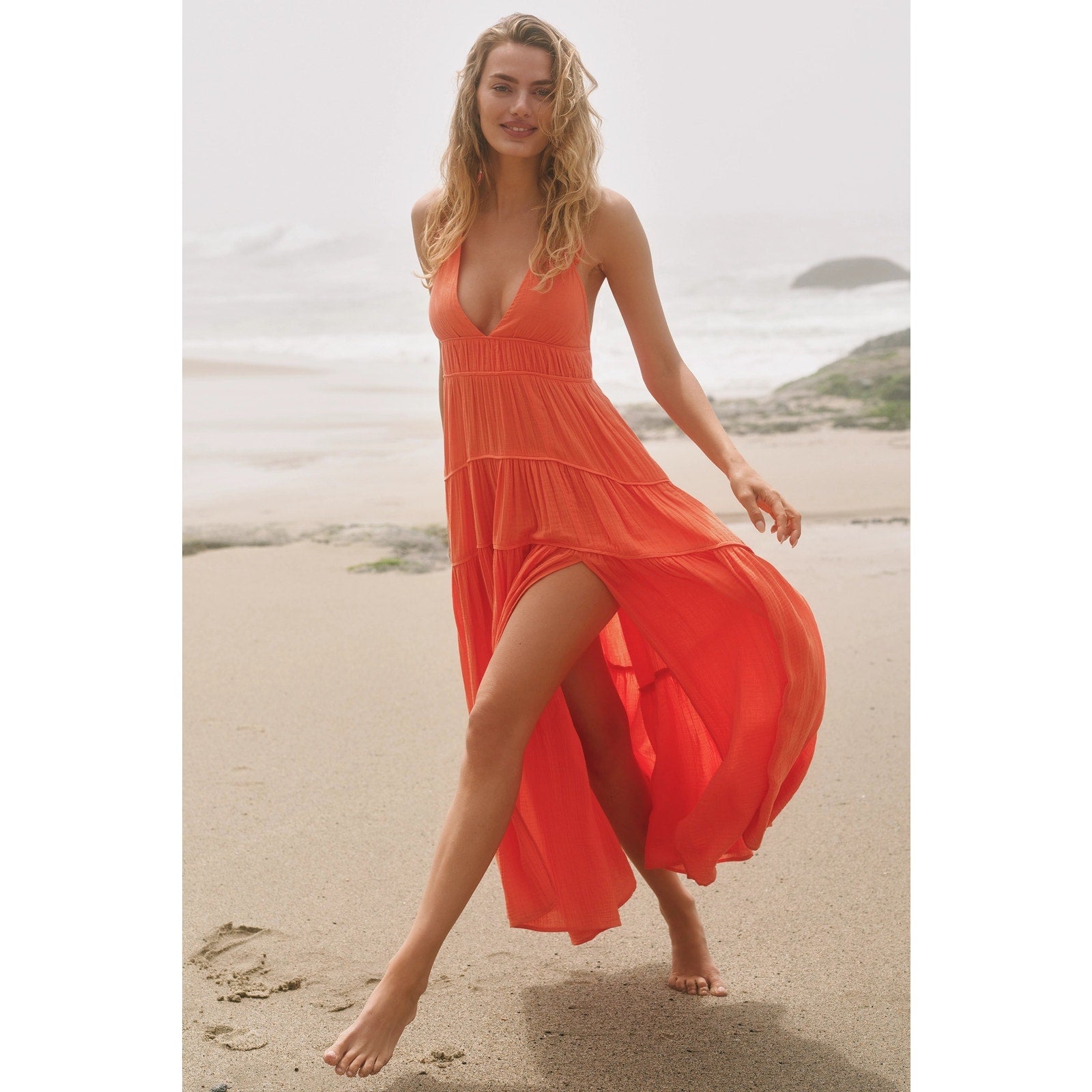 Anthropologie Celandine Sleeveless Plunge Midi Dress X-LARGE Orange Anthropologie