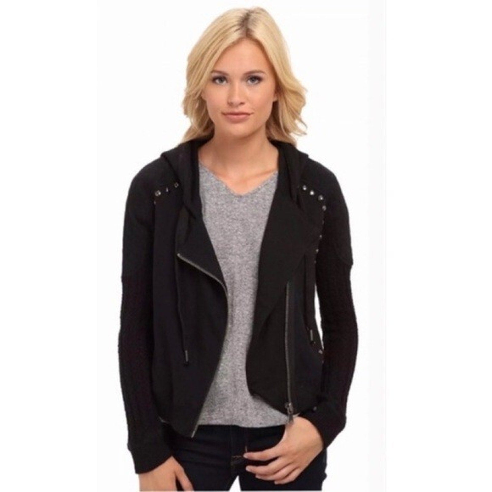 New Free People Moto Studded Rocker Zip Hoodie Size Small Black