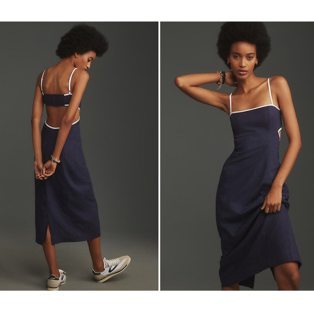 Anthropologie The Dafni Cutout Linen Midi Dress by Maeve $168 X-LARGE Navy