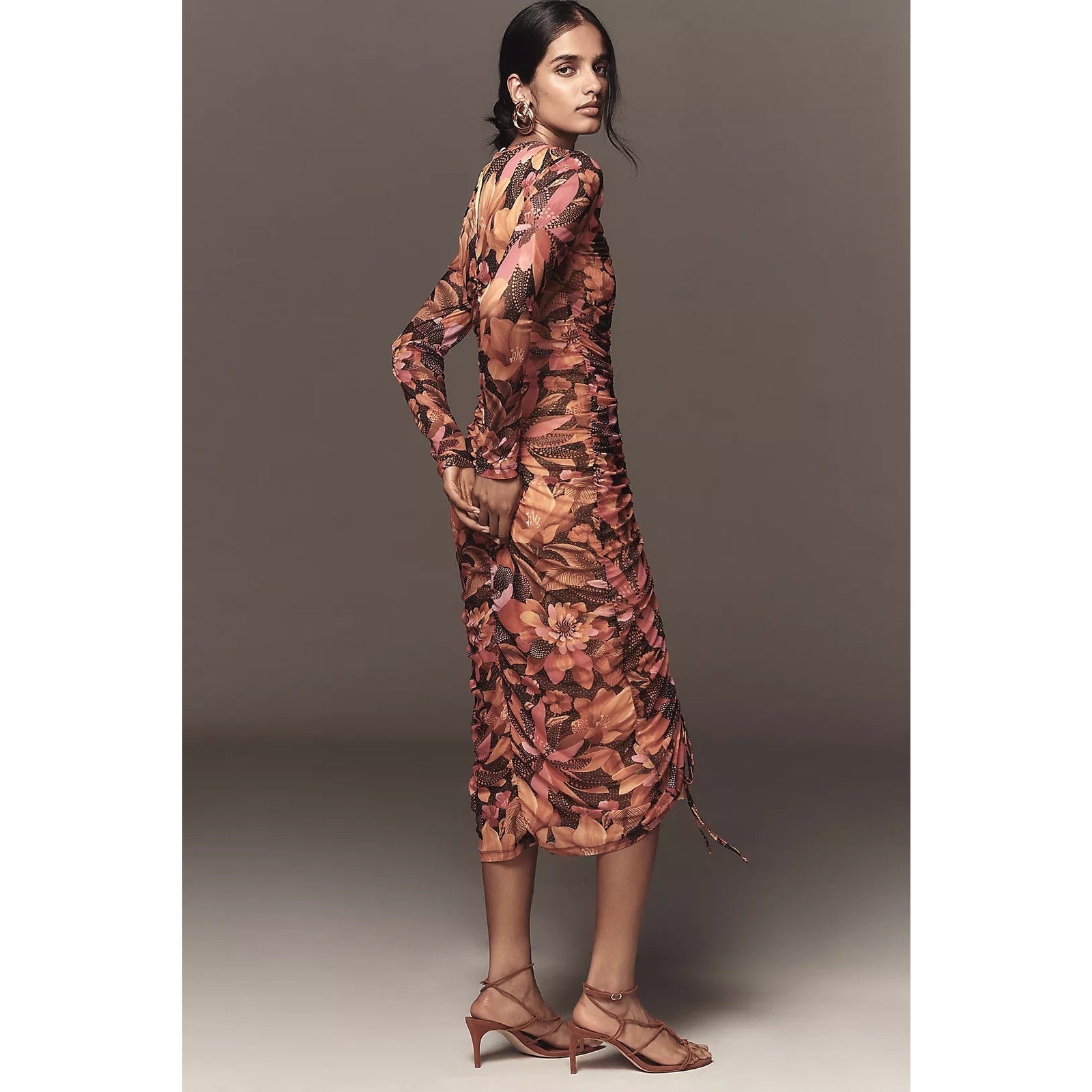 Farm Rio x Anthropologie Ruched Midi Dress LARGE Graphic Flowers ORANGE Anthropologie