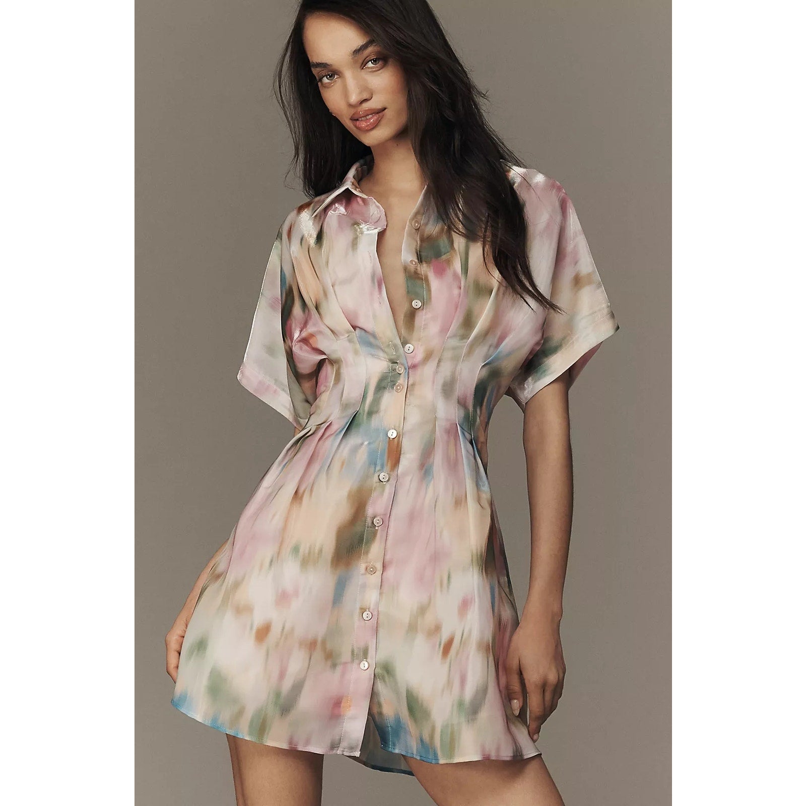 Pastel watercolor mini shirt dress with short sleeves, collar, and front buttons