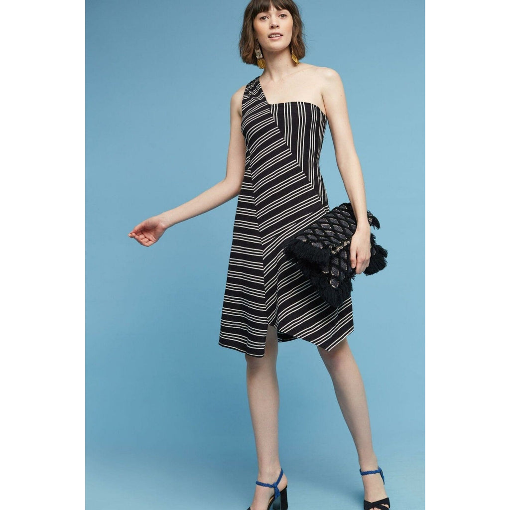 New Anthropologie Moka One-Shoulder Dress by Maeve, Black & White,$118 X-Small