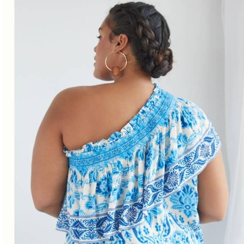 New Anthropologie Plenty by Tracy Reese Ruffled One-Shoulder Blouse $138 PLUS 1X  Blue