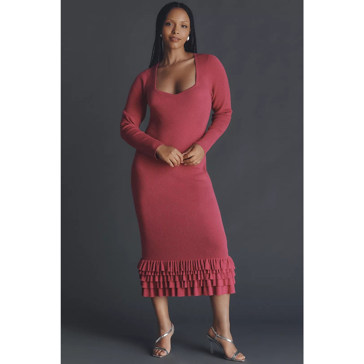 Pink ruffle midi sweater dress with square neckline and tiered hem, long sleeves