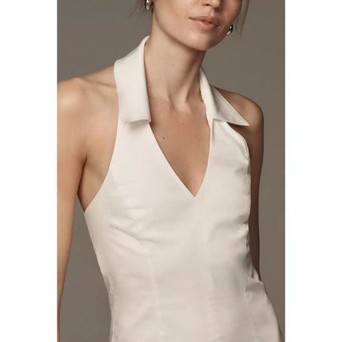 White halter mini dress with deep V neckline