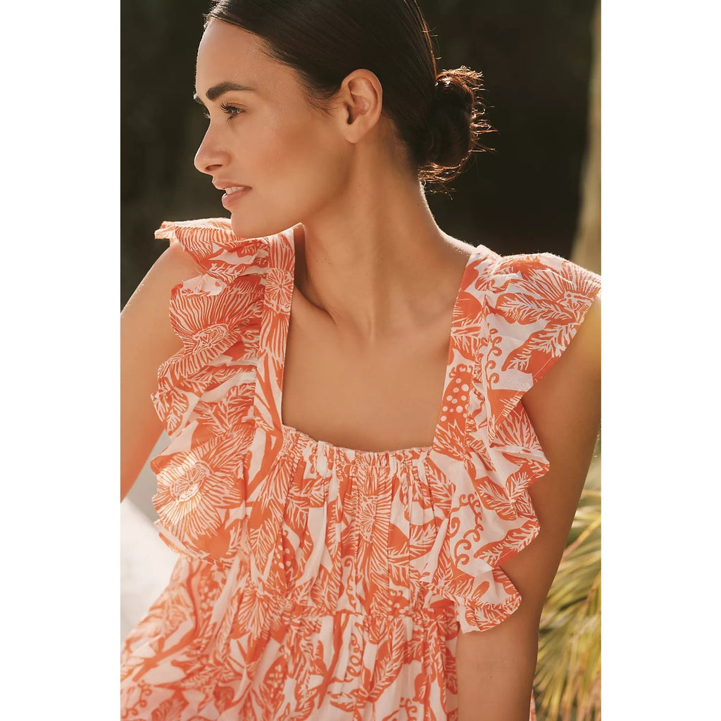 ANTHROPOLOGIE Ro's Garden Cotton Flutter-Sleeve Midi Dress Sz M Orange Anthropologie