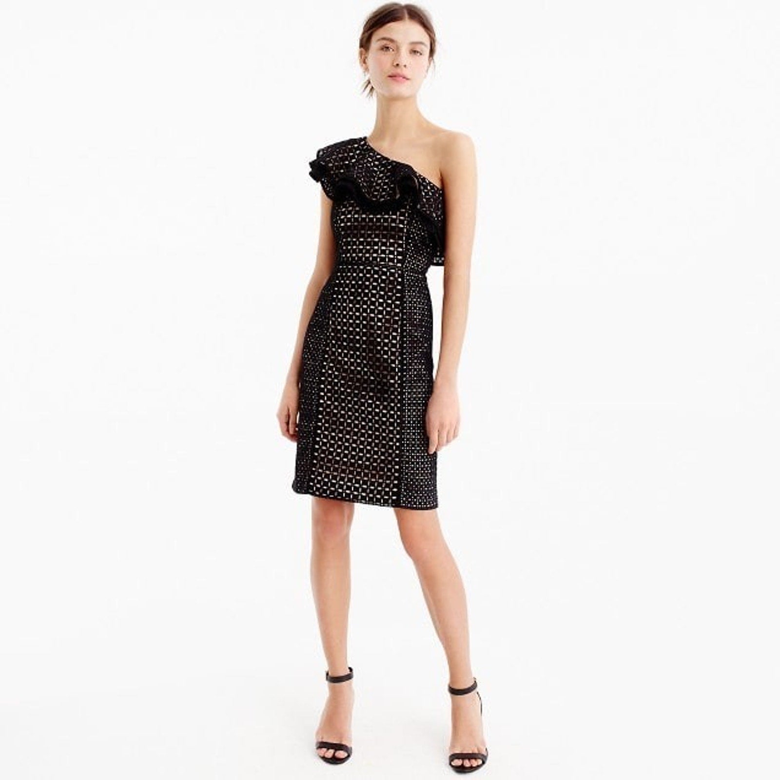 NEW J Crew Black One-shoulder Eyelet Mini Dress Size 14