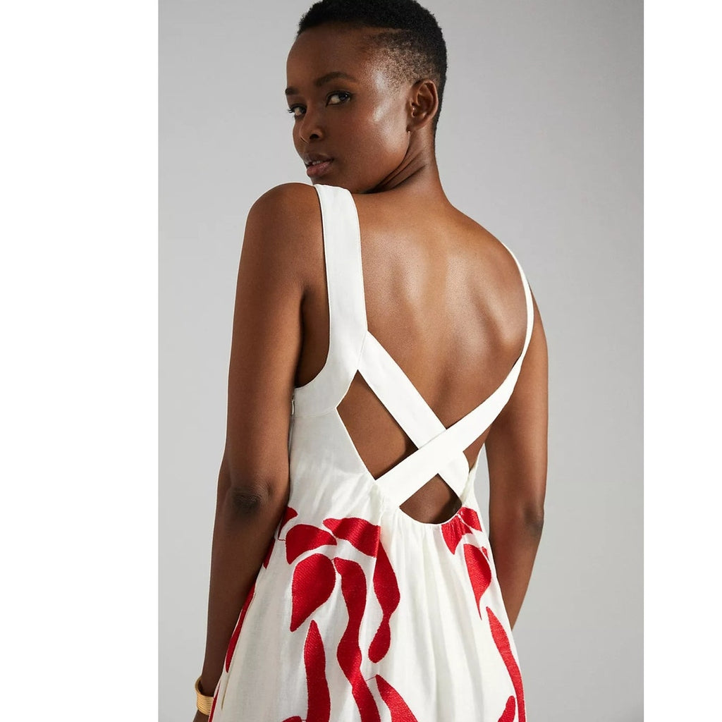 Anthropologie Front Cutout Maxi Dress $248 MEDIUM Red Motif EMBROIDERED