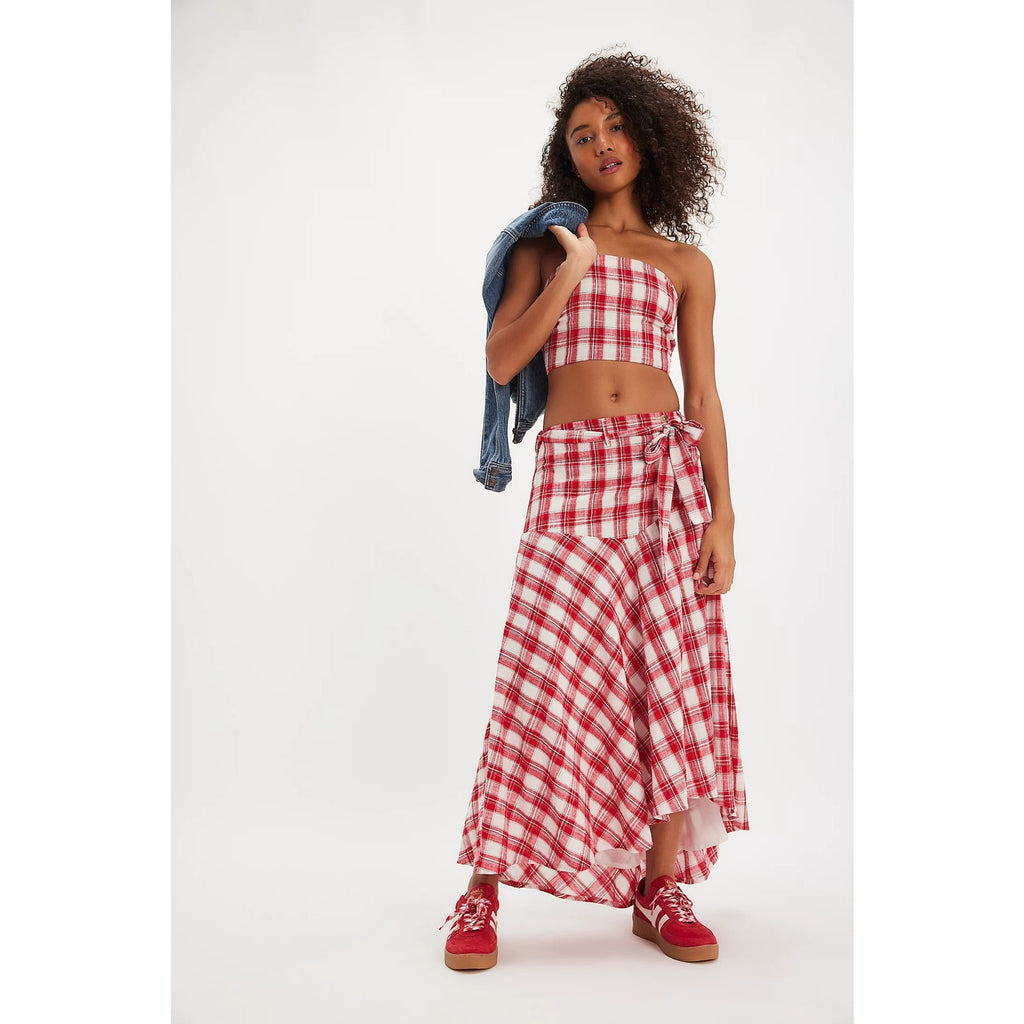 FREE PEOPLE After You Set MAXI SKIRT + CROP TOP Set MEDIUM Red Plaid Free People