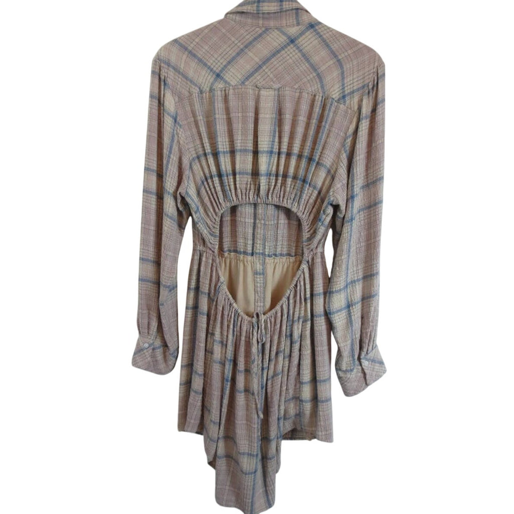 New Free People Elai Plaid Mini Shirtdress $148 X-SMALL Ivory Combo Long Sleeve