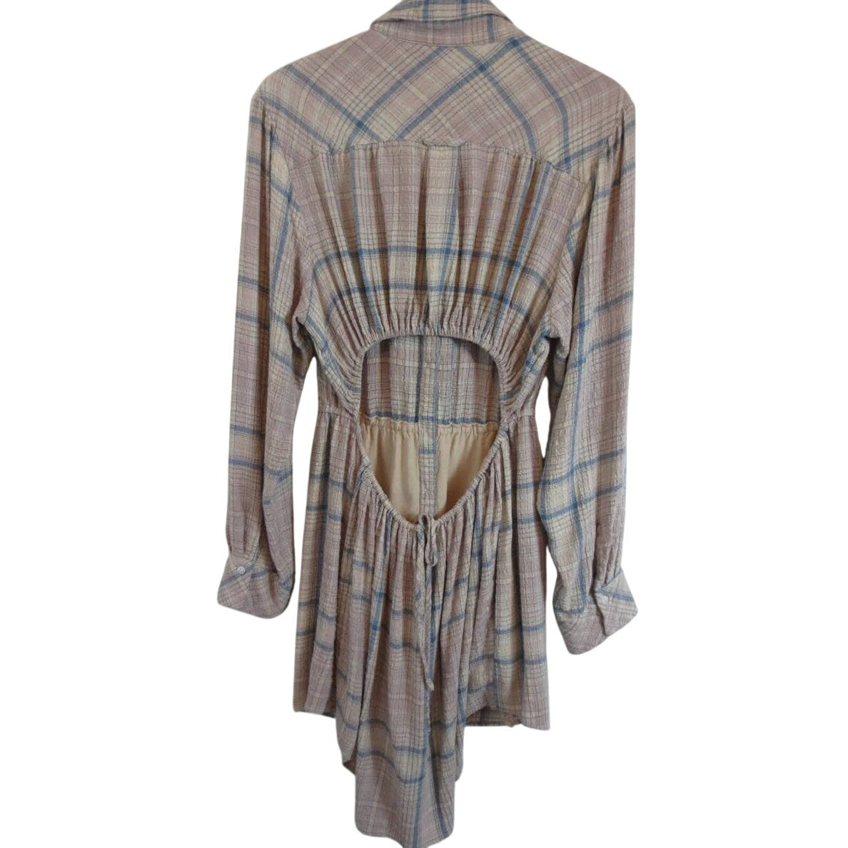 New Free People Elai Plaid Mini Shirtdress $148 X-SMALL Ivory Combo Long Sleeve