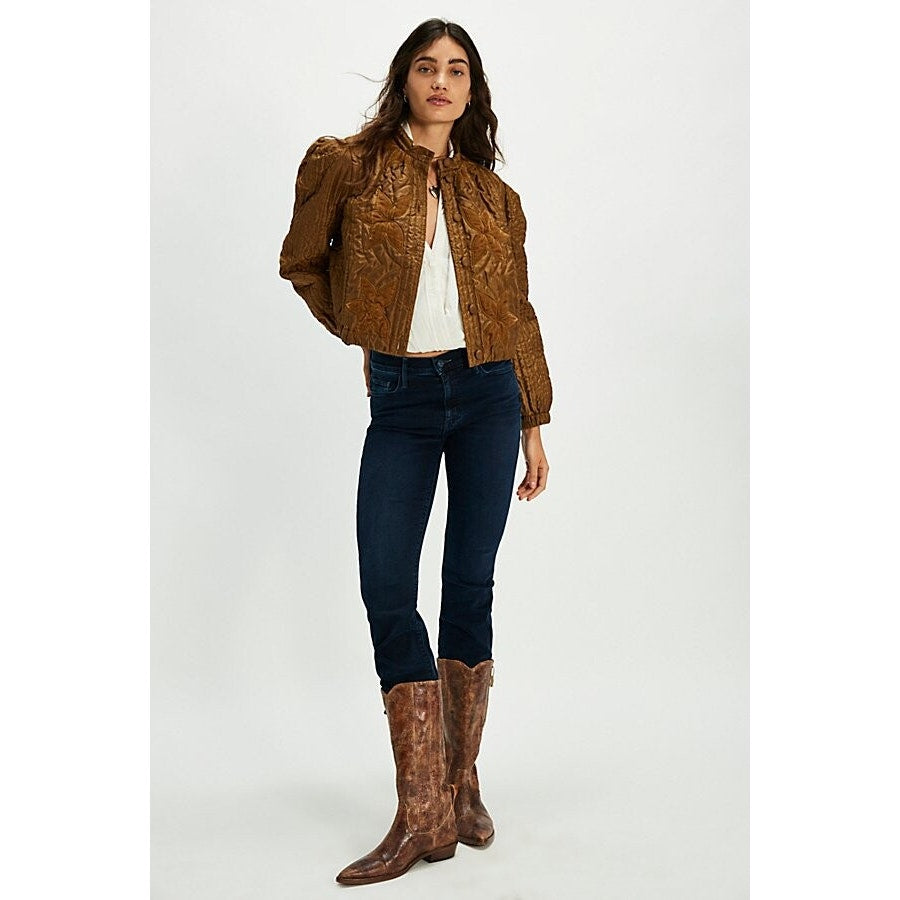 New FREE PEOPLE Quinn Quilted Crop Jacket $198 LARGE Bronze/Brown Patching