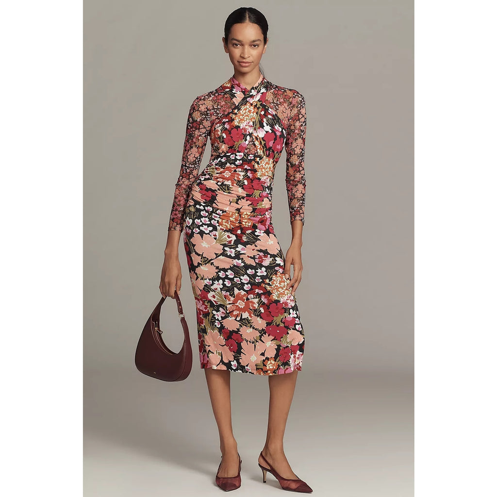 Anthropologie Long-Sleeve Halter Mesh Midi Dress SMALL Multi Floral Anthropologie
