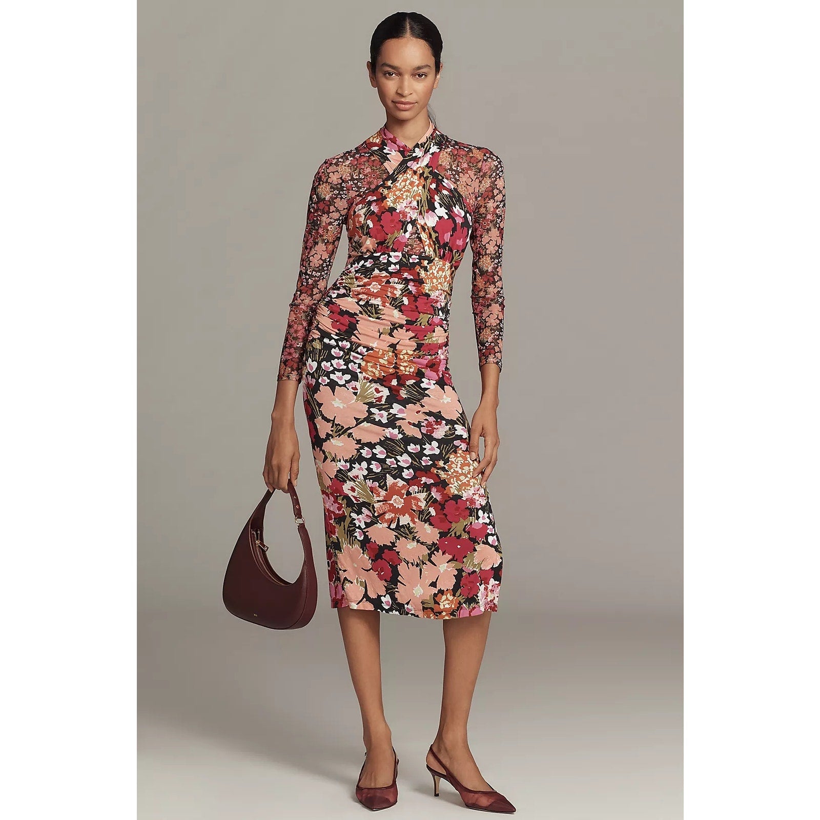 Anthropologie Long-Sleeve Halter Mesh Midi Dress SMALL Multi Floral Anthropologie