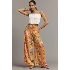 Farm Rio x Anthropologie Smocked Floral Wide-Leg Pants X-SMALL Orange
