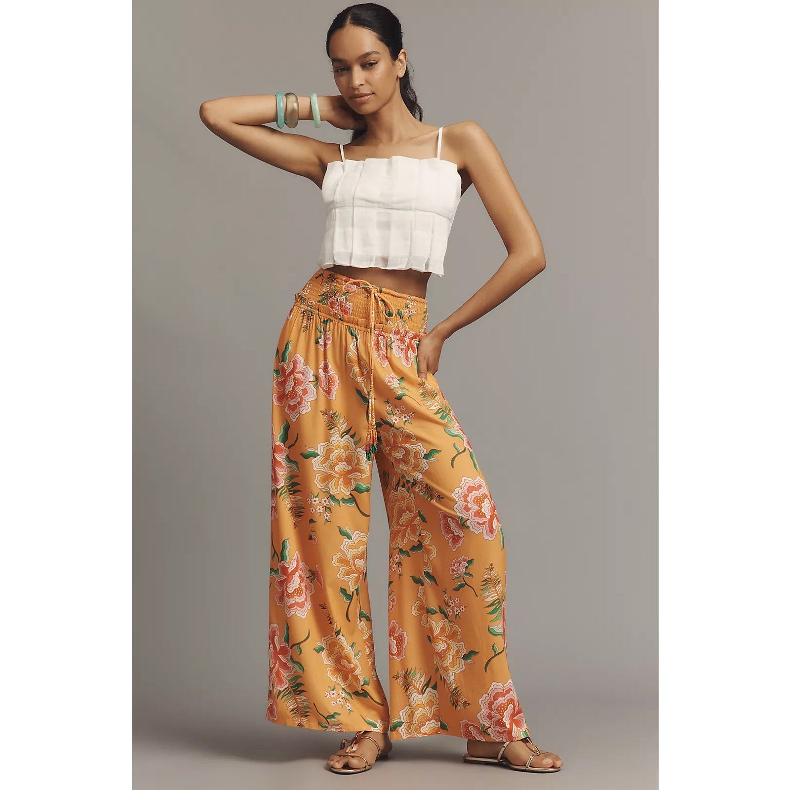 Farm Rio x Anthropologie Smocked Floral Wide-Leg Pants X-SMALL Orange Anthropologie