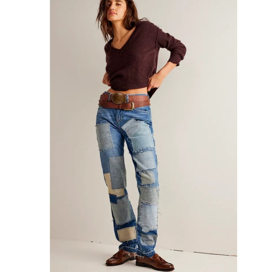 New FREE PEOPLE We The Free Bare With Me Jeans $298 SIZE 25 PATCHWORK DENIM