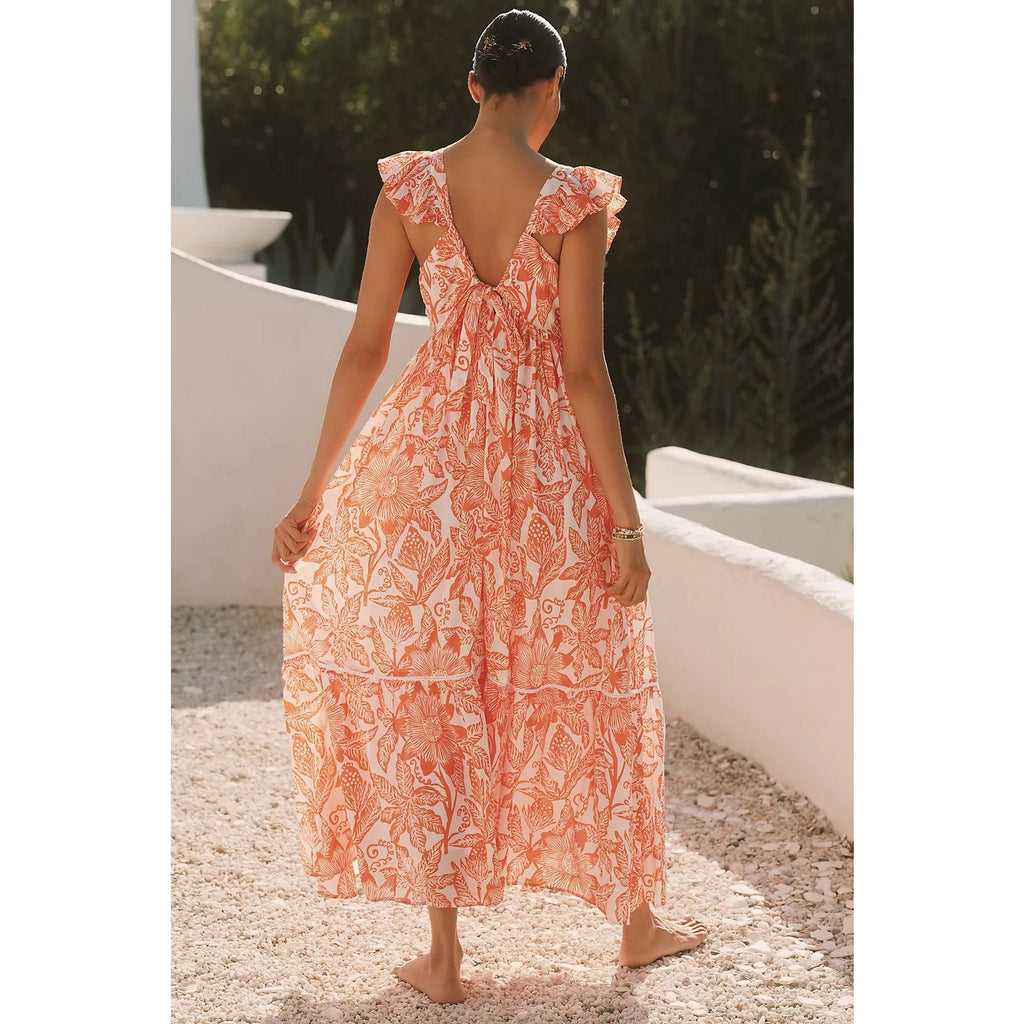 ANTHROPOLOGIE Ro's Garden Cotton Flutter-Sleeve Midi Dress Sz M Orange Anthropologie