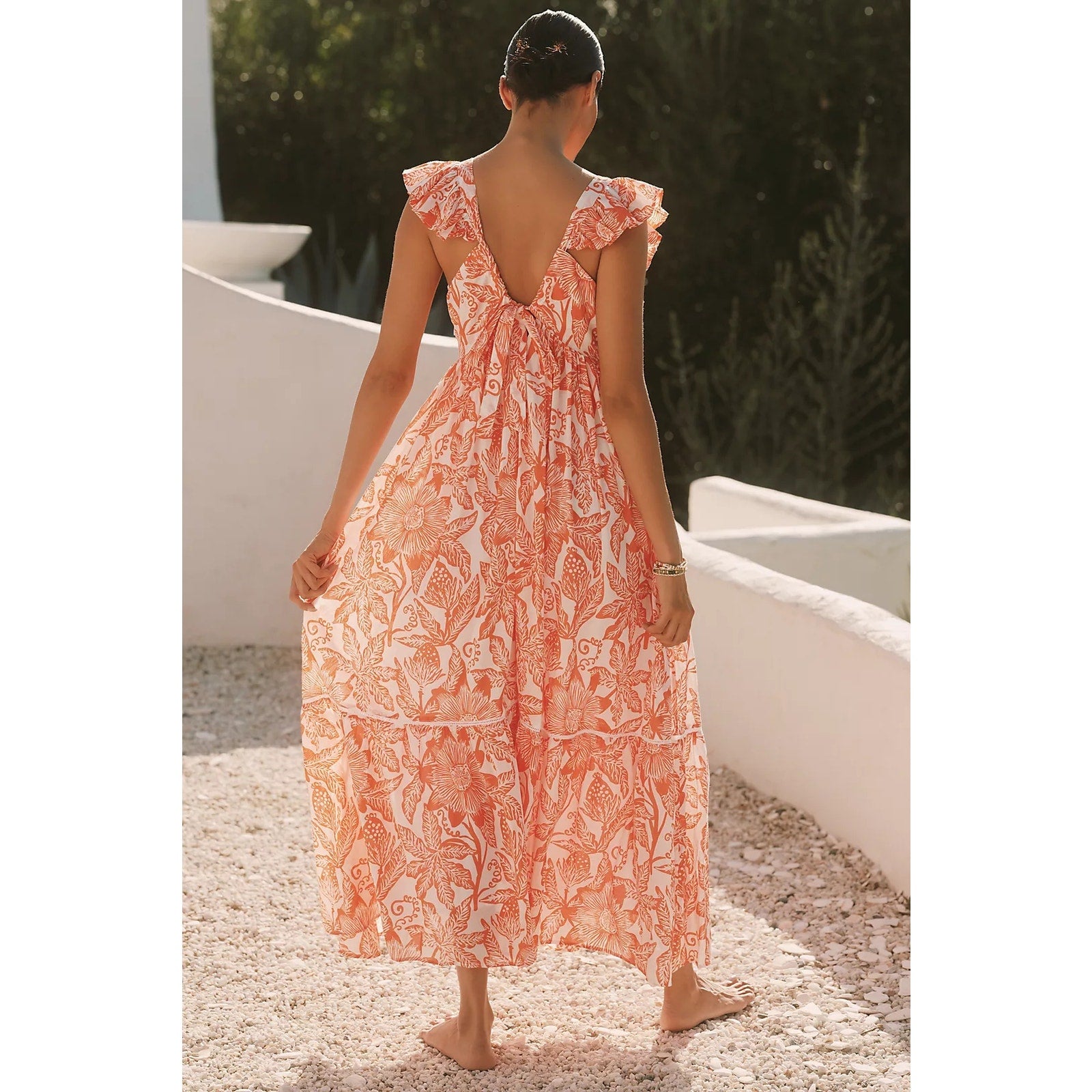ANTHROPOLOGIE Ro's Garden Cotton Flutter-Sleeve Midi Dress Sz M Orange Anthropologie