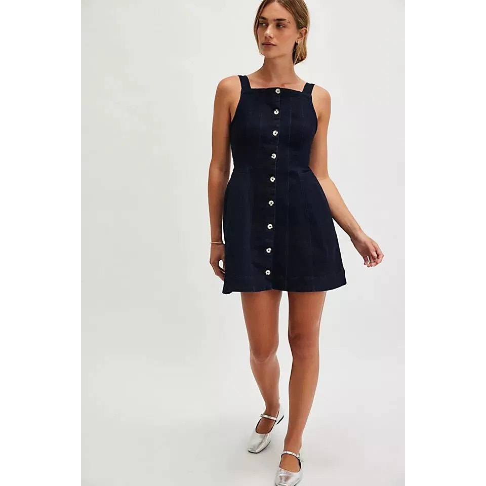 New FREE PEOPLE Gimme More Denim Mini Dress $148 X-LARGE Dark Blue Button