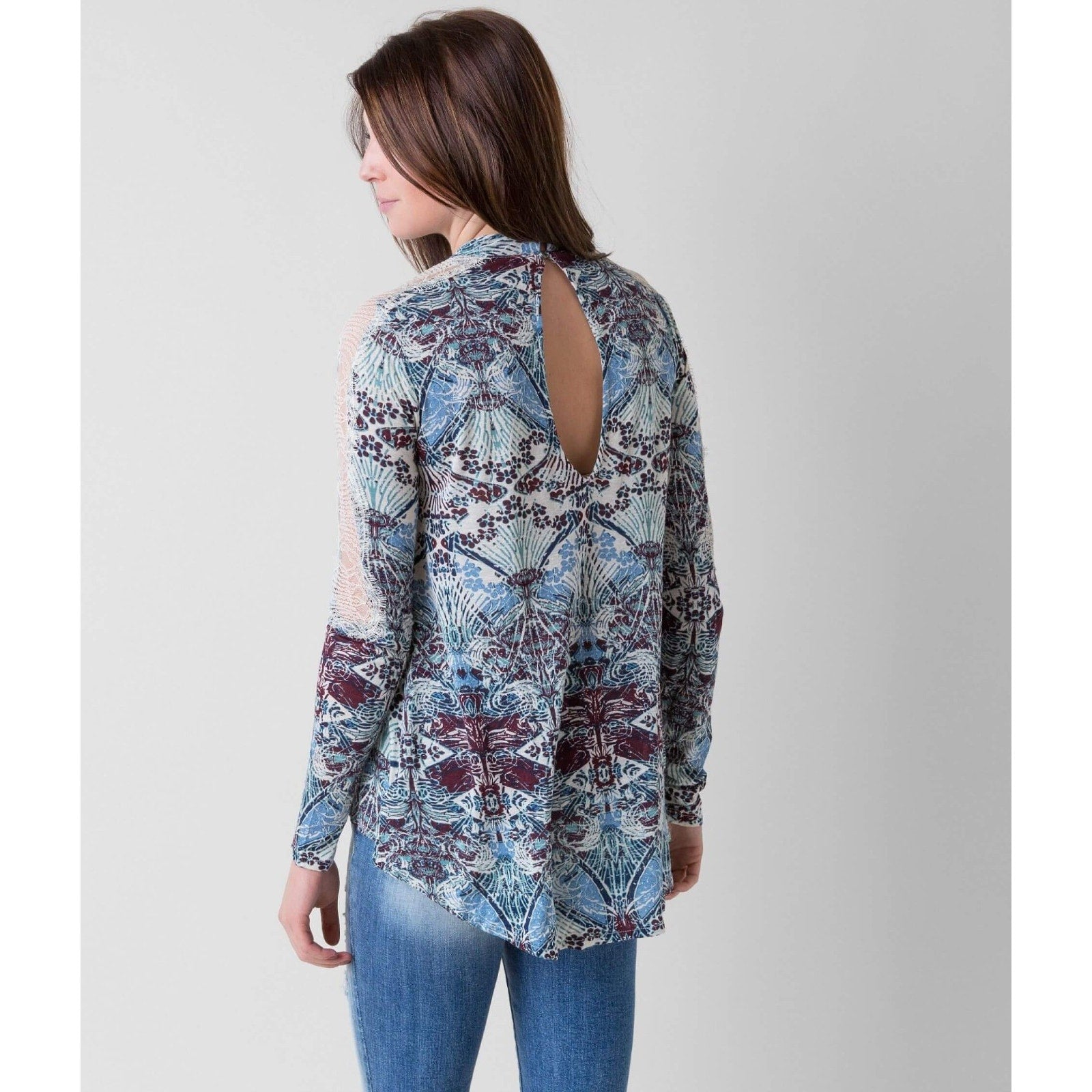 New Free People Snow Combo Long Sleeve Tulip Top $88 Small Boho Lace Applique