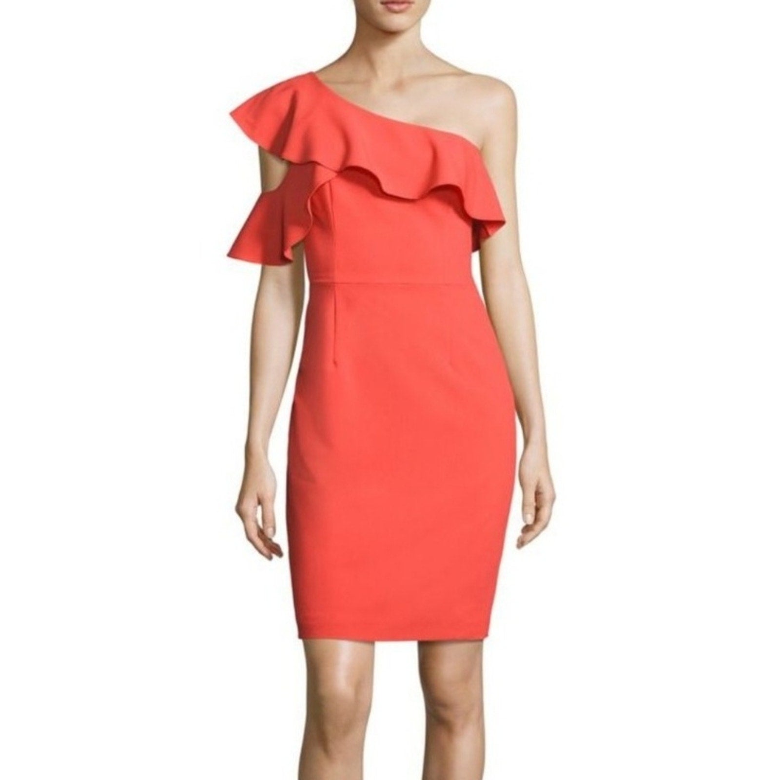 New Black Halo One Shoulder Sheath Mini Dress $325 Size 2 White Ruffle Sleeve
