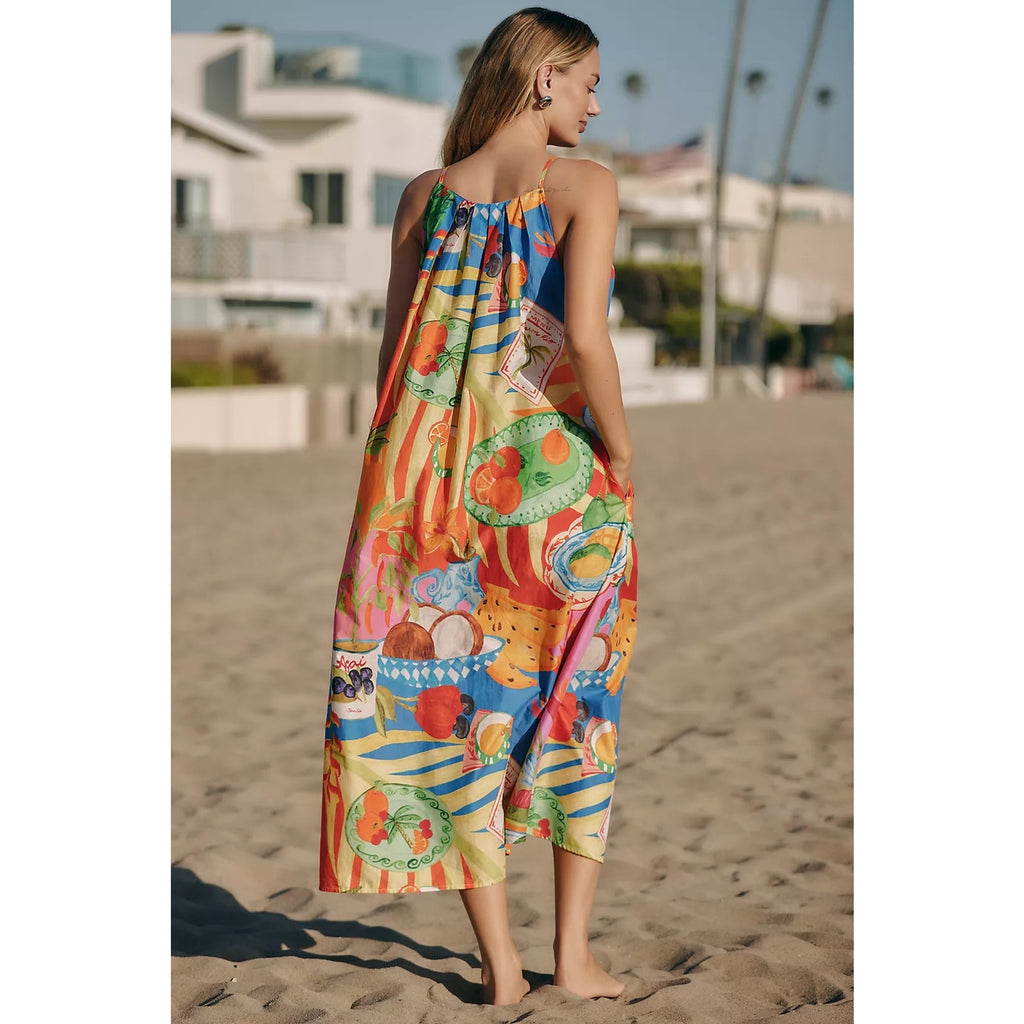 Anthropologie Farm Rio Summer Picnic Sleeveless V-Neck Midi Dress MEDIUM Anthropologie