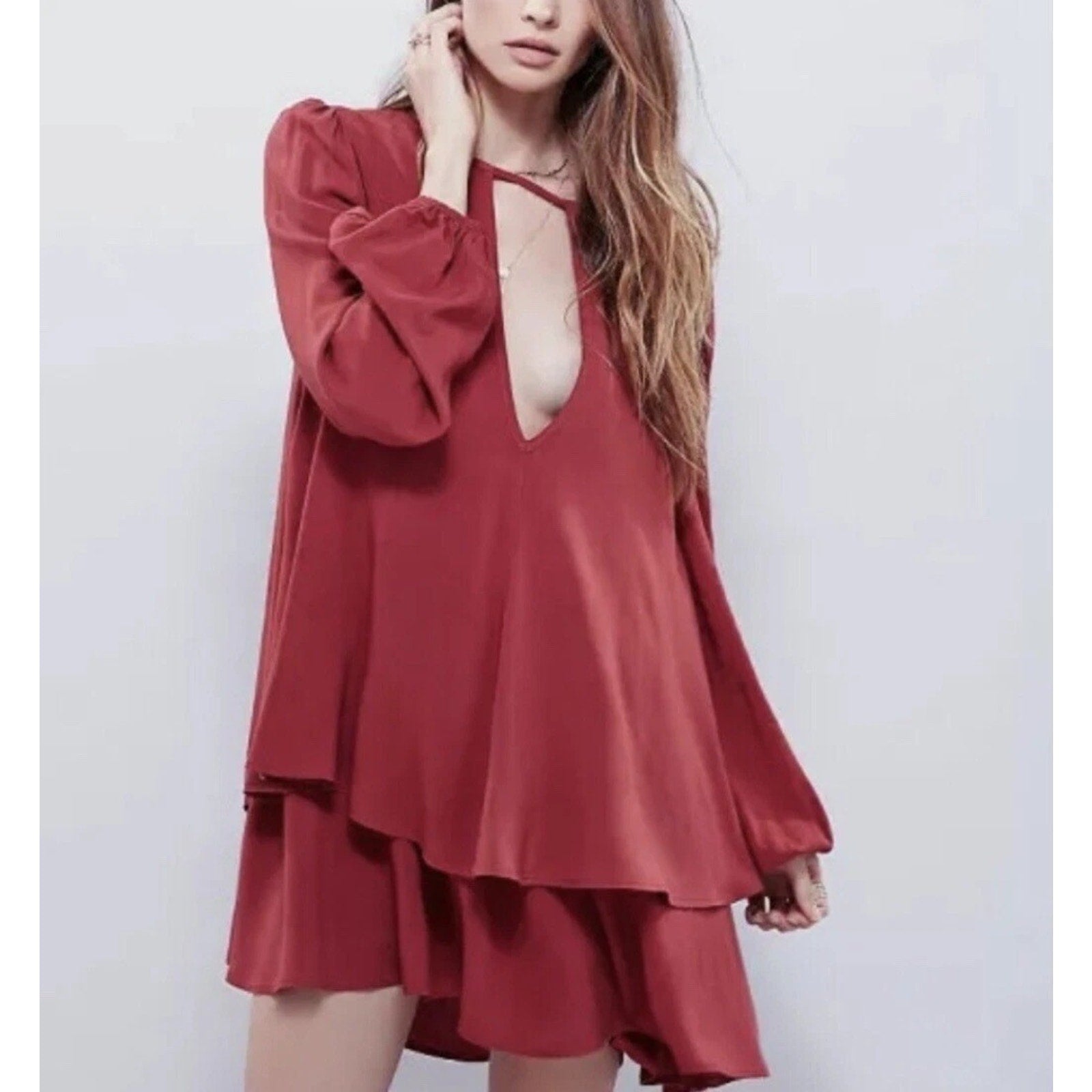 New Free People Made In Philadelphia Beck Long Sleeve Mini Dress $128 XS Red