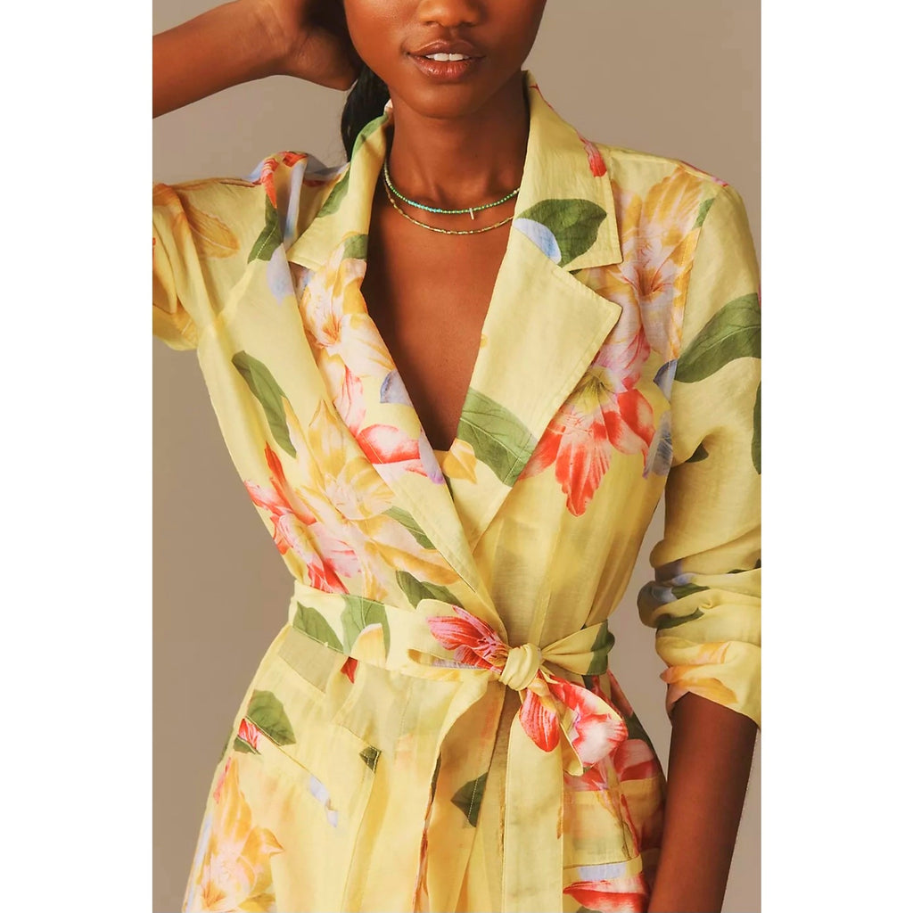 Anthropologie Maeve Sheer Floral Printed Trench Coat $158 XXS Yellow