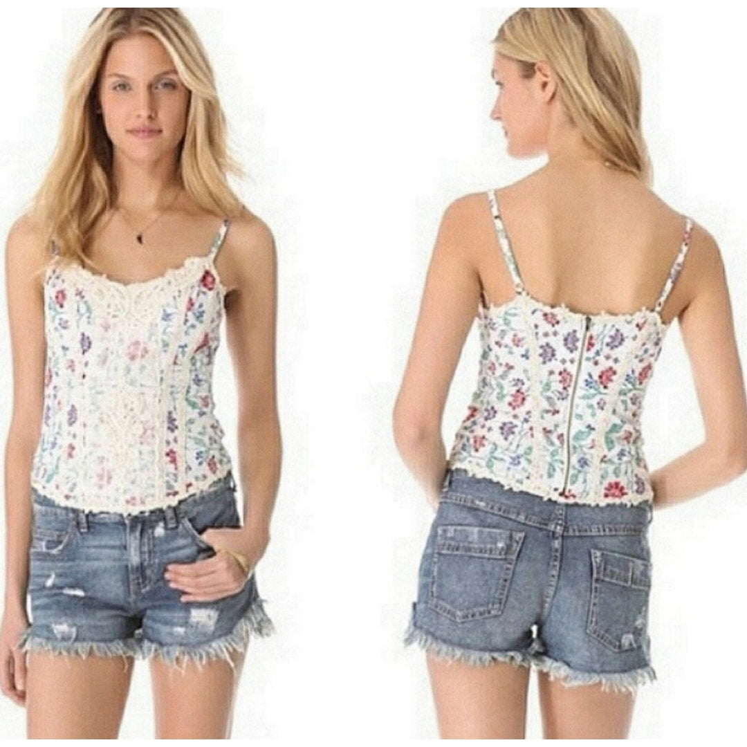 New Free People Miss Lizzy Floral Corset Top $98 SIZE 2 White Zip Lace Detail