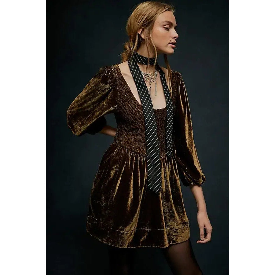 Free People Farrier Velvet Mini Dress X-SMALL Brown SMOCKED Free People