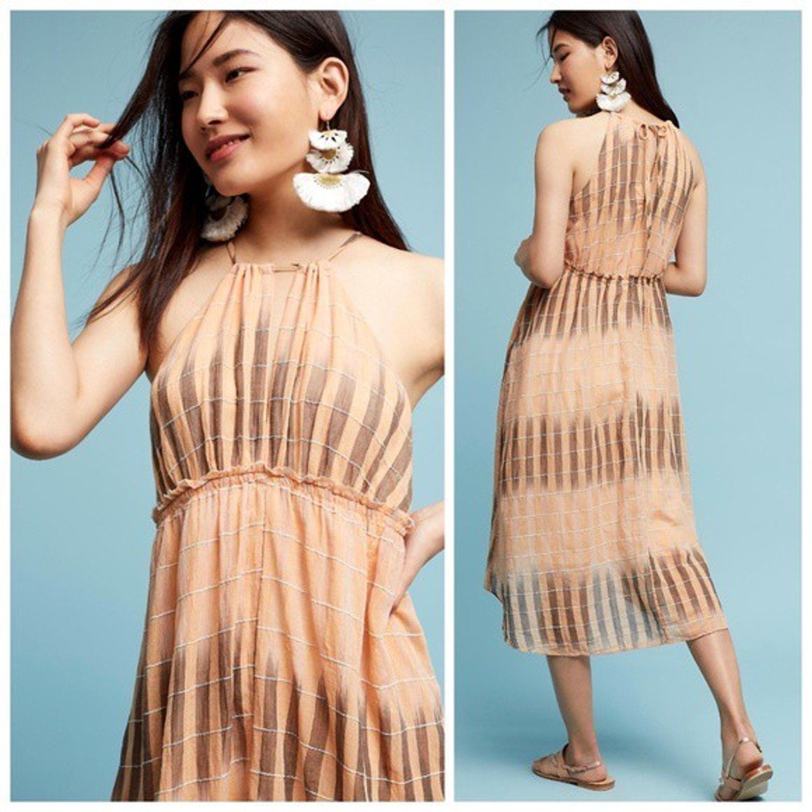 New $138 ANTHROPOLOGIE by AKEMI + KIN Ikat Halter Peach Dress Size Large