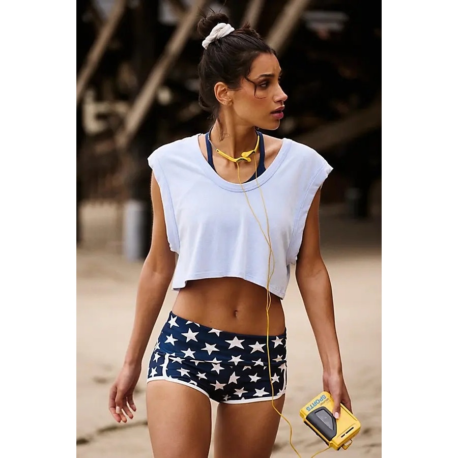 Star-print shorts with navy base and white stars, elastic waistband