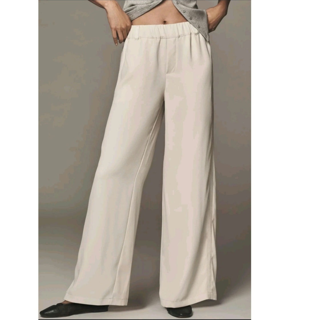 By Anthropologie Soft Pull-On Pants SMALL Ivory CREPE Elastic Waistband Anthropologie