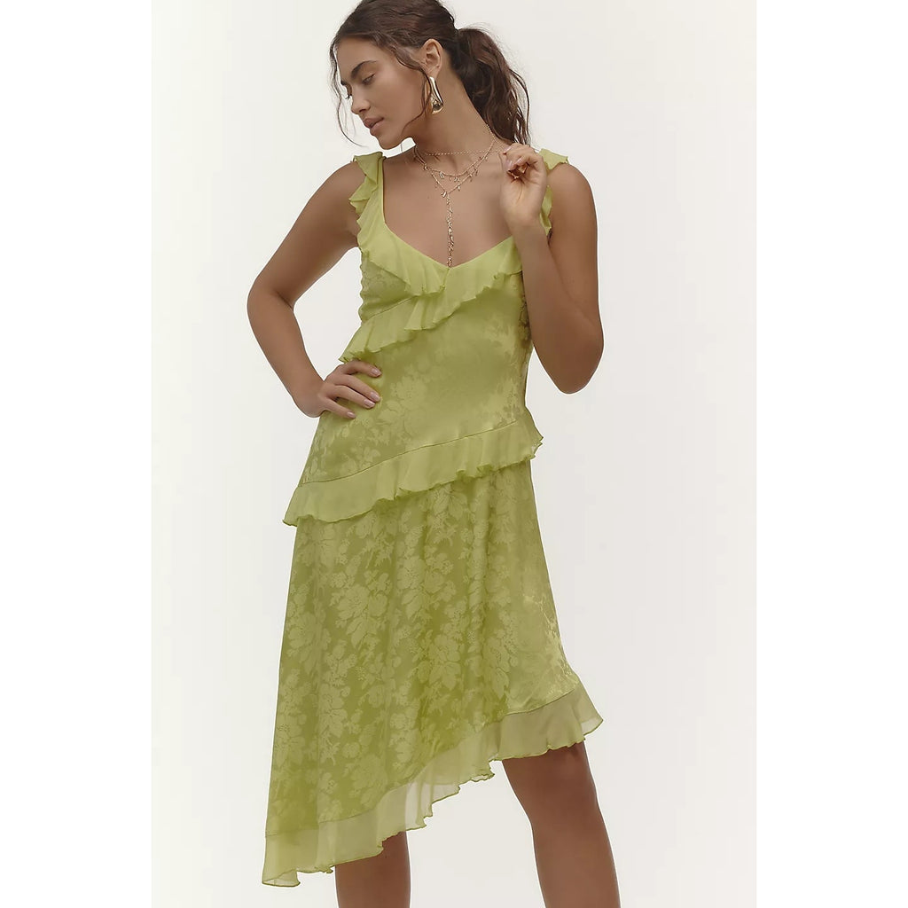New By Anthropologie V-Neck Ruffle Asymmetric Midi Dress $168 X-SMALL Black
