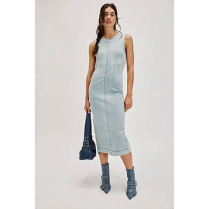 FREE PEOPLE Tell Me About It Midi Dress DENIM SIZE 6 Bleachout Slim Fit
