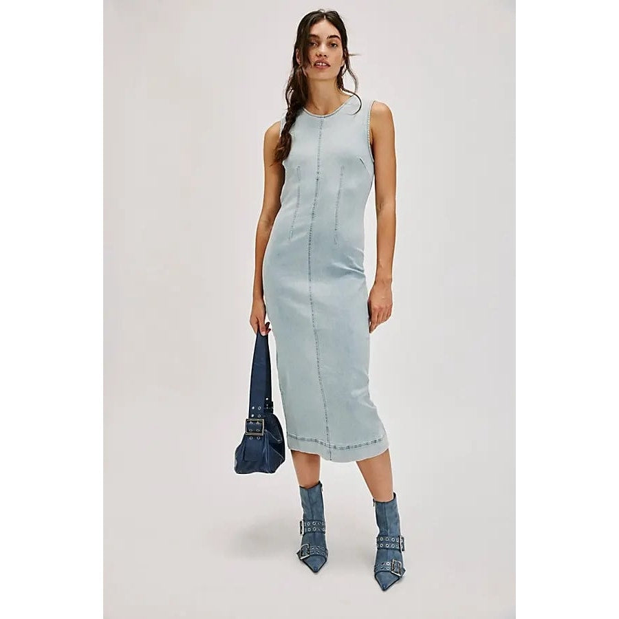 FREE PEOPLE Tell Me About It Midi Dress DENIM SIZE 6 Bleachout Slim Fit Free People