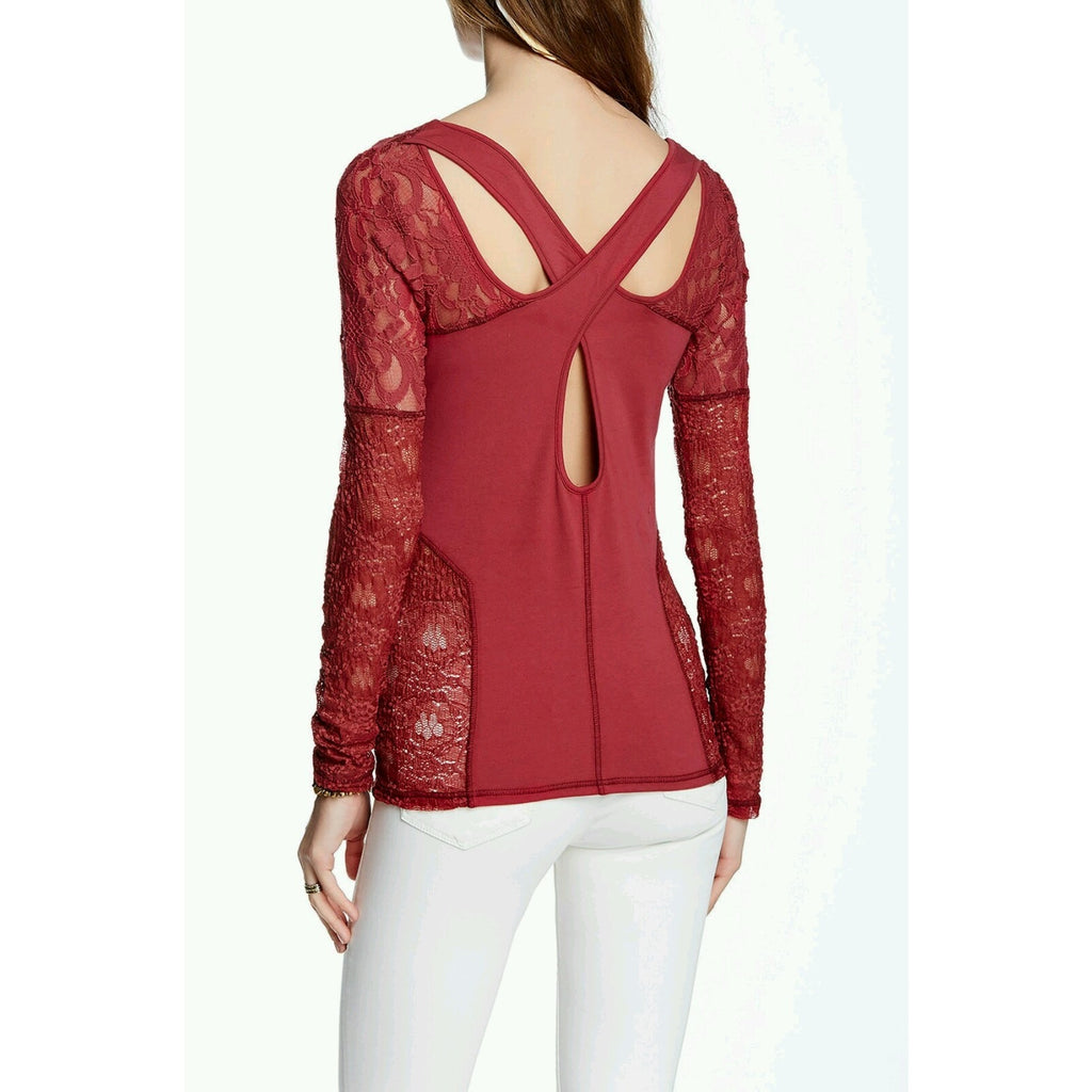 NEW Free People Sweet Thang Blouse Sz XS Crisscross Back Sheer Lace Long-Sleeve