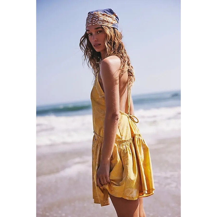 Free People Deserted Island Mini Dress SMALL Yellow Tropical Boho Combo Free People