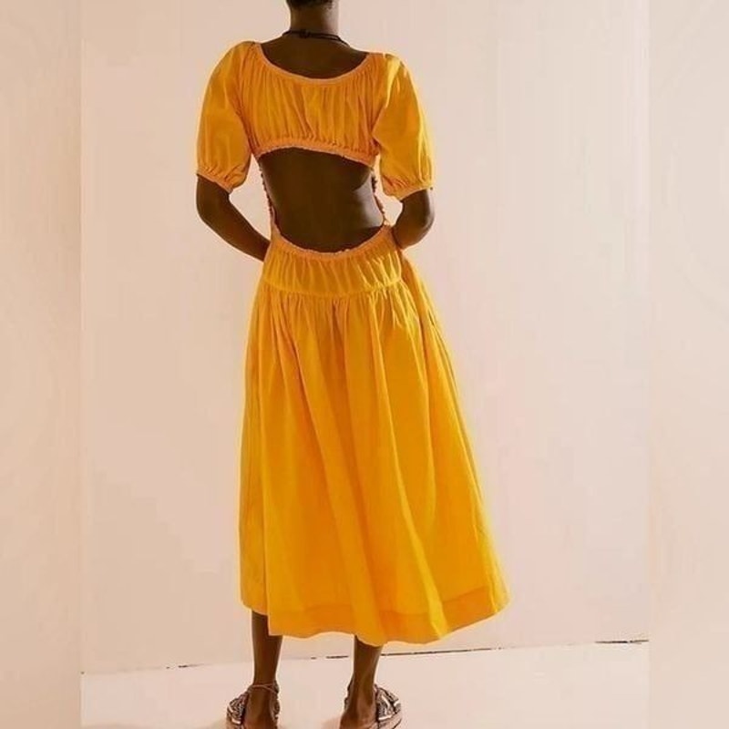 New FREE PEOPLE Free-est Moonlight Midi Dress $78 LARGE Orange Cutout Boho