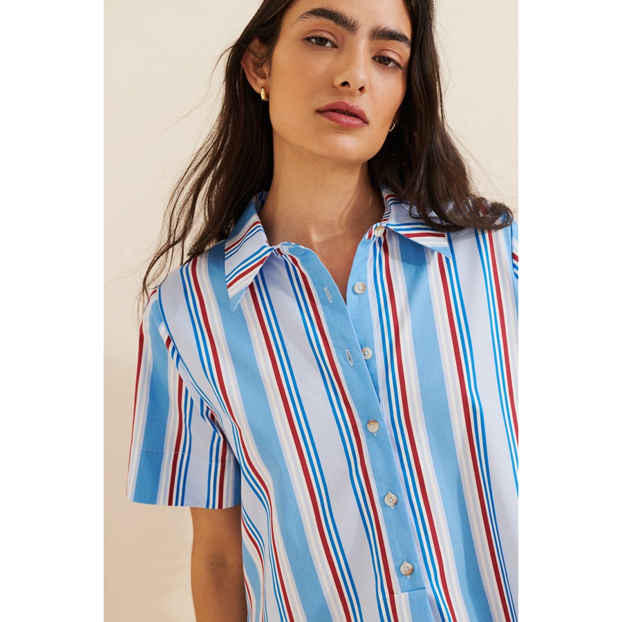 By Anthropologie Pollie Short-Sleeve Swing Tunic Mini Dress XS Blue Red Anthropologie