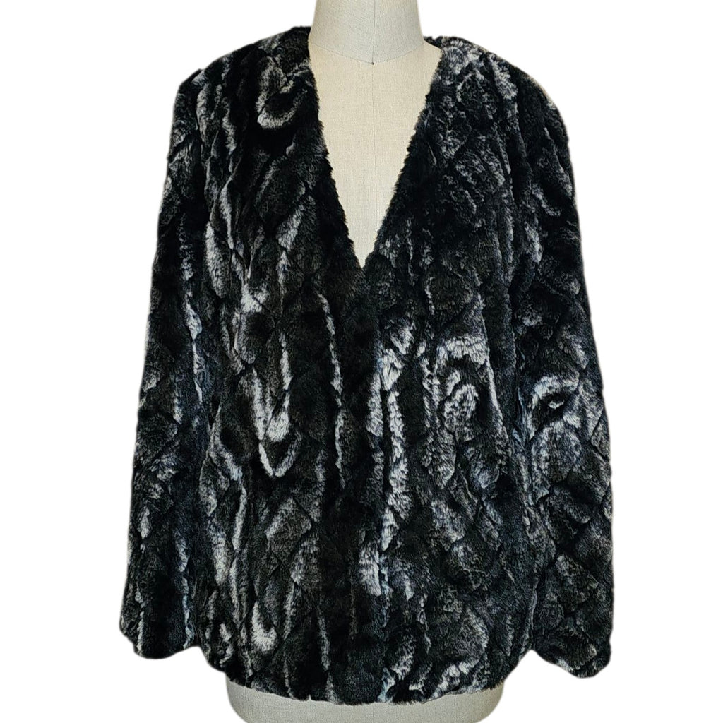New Anthropologie Unreal Fur Faux Fur Coat SMALL Black & Gray COLLARLESS