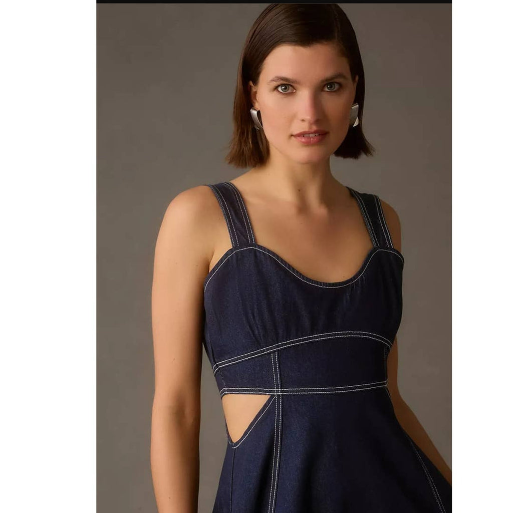 New Anthropologie Aureta Studio Corset Denim Cutout Dress $198  Medium 8/10 Blue