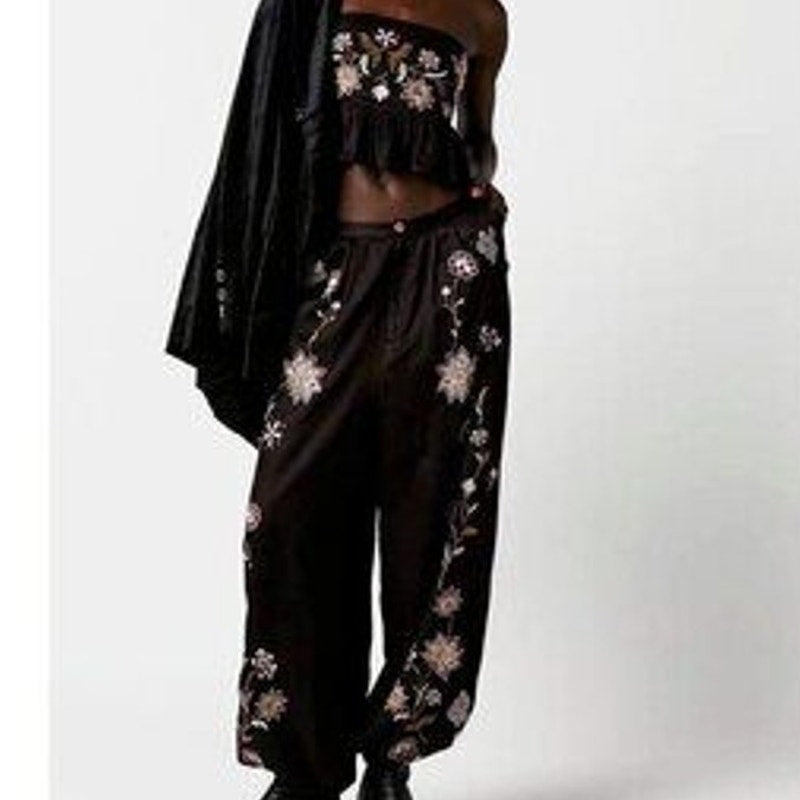 New Free People Harmoney Floral Embroidered Set $298 XS Black Crop Top & Pants