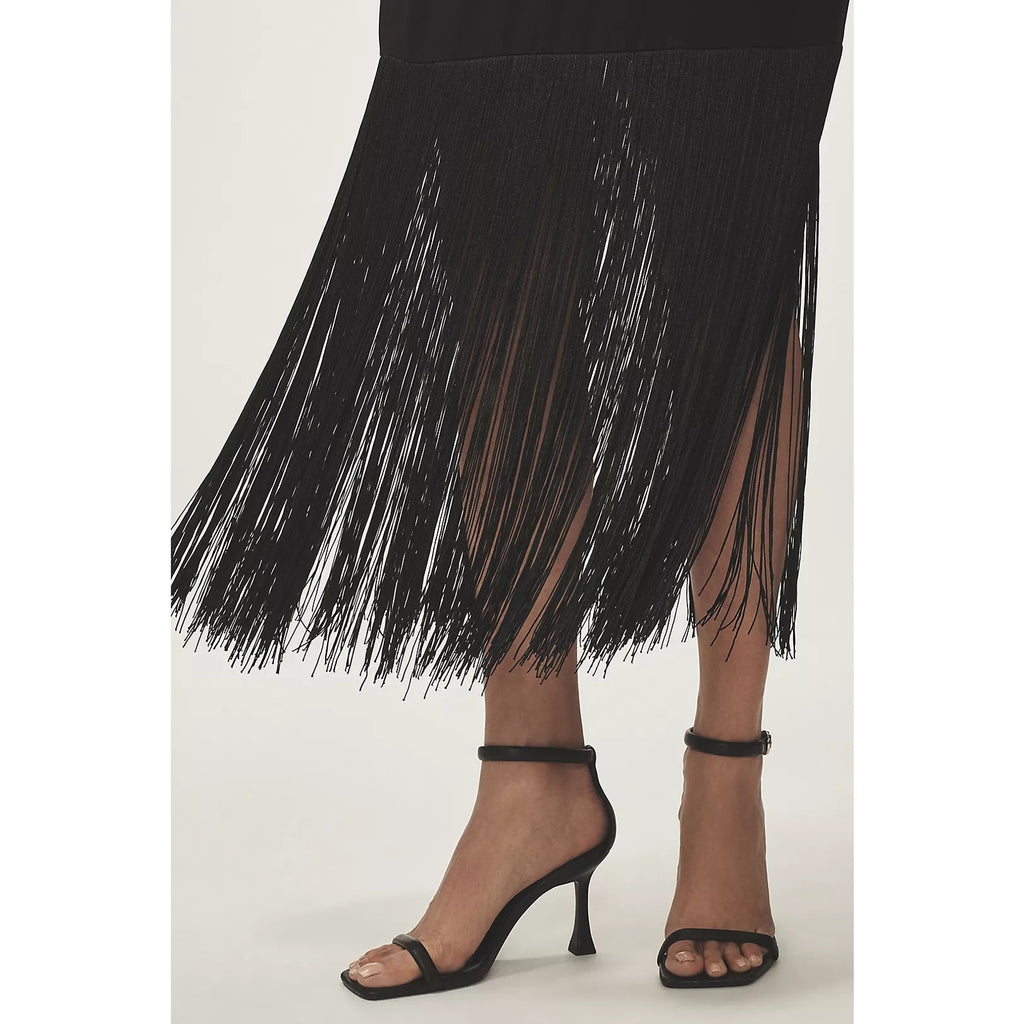 Anthropologie Hutch Plunge Halter Fringe Knit Midi Dress $248 XS Black